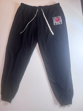 Keith Haring Official Extra Soft Black Jogger Sweatpants with Pink Heart Patch